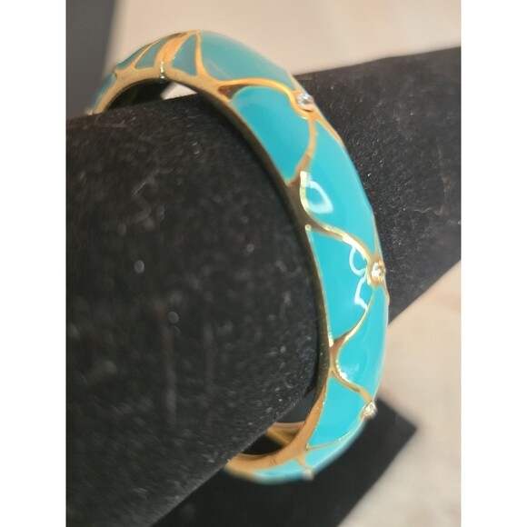 Jewelry - Vintage Turquoise Enamel Clamper Bracelet Gold Tone Rhinestone Jewelry #259